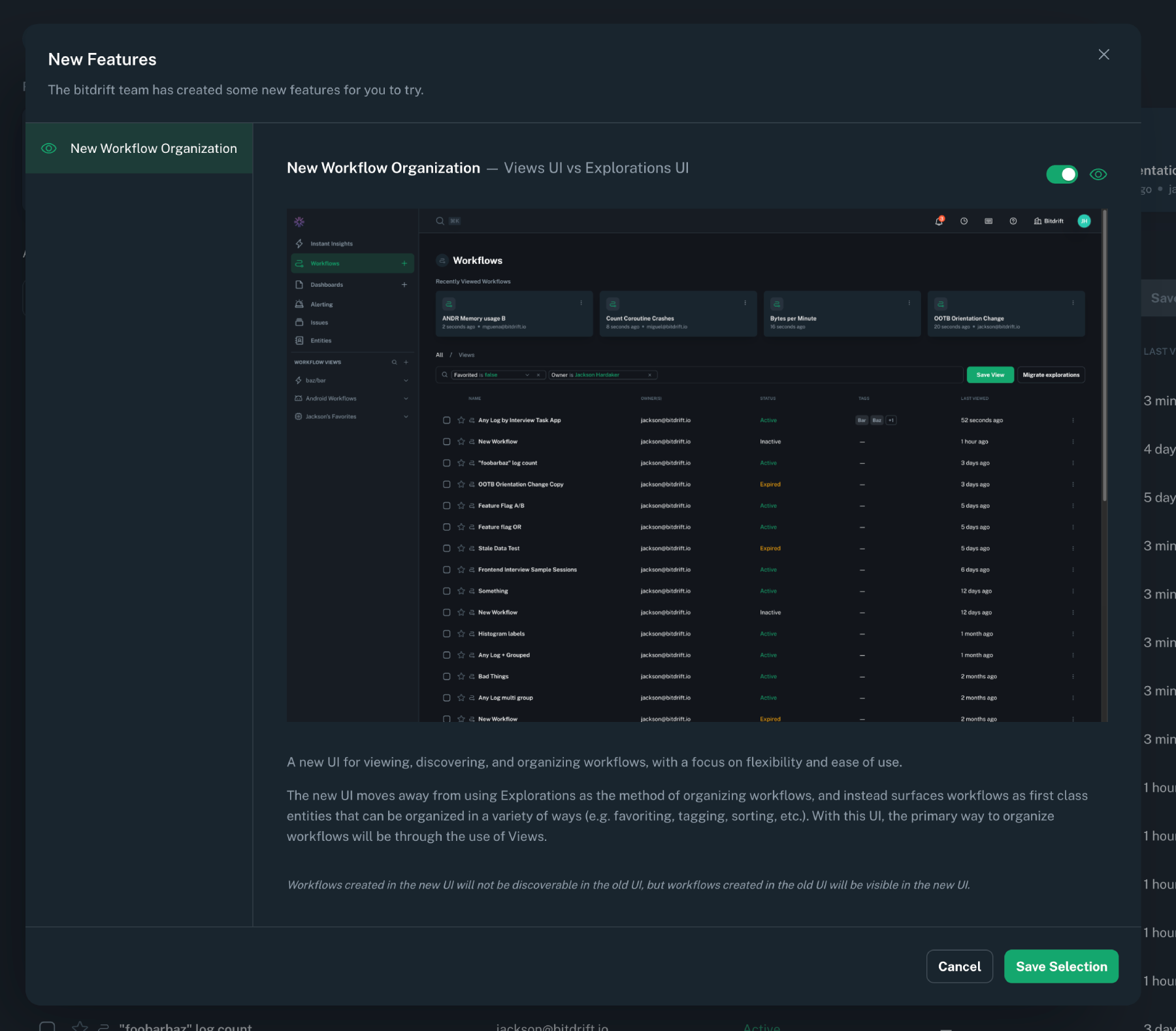 The preview selector modal highlighting the workflow views feature