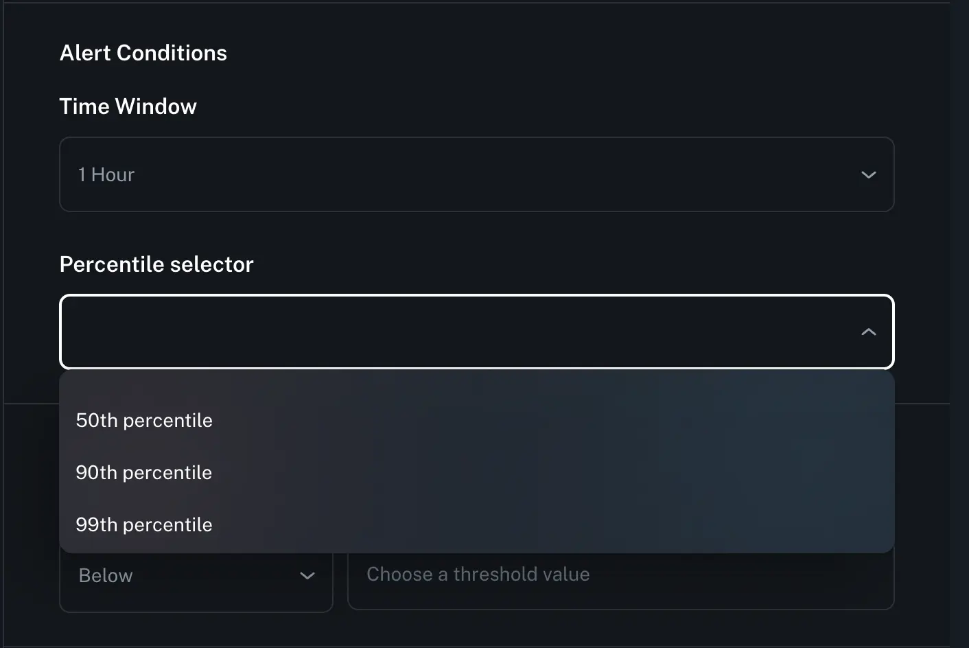 the percentile selector within the create alert form